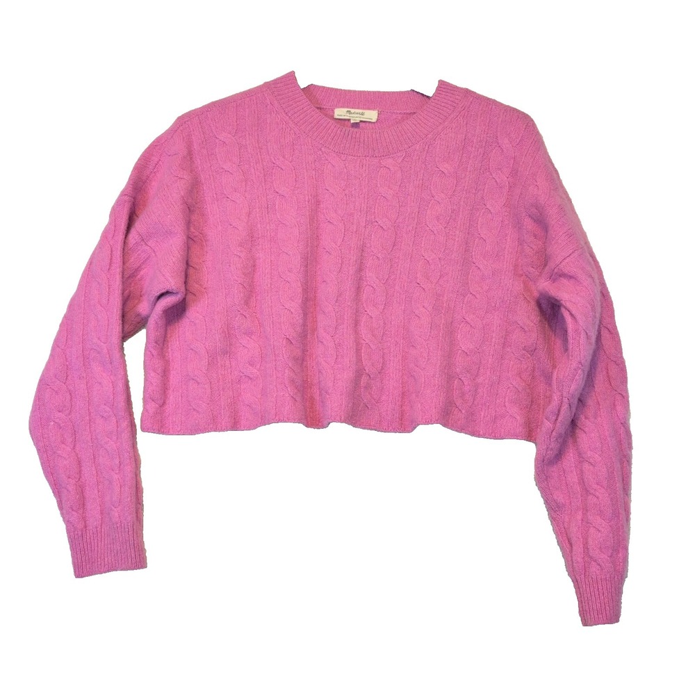 Madewell (Re)sourced Cashmere Blend Sz Md Pink Cable Knit Cropped Sweater Barbie